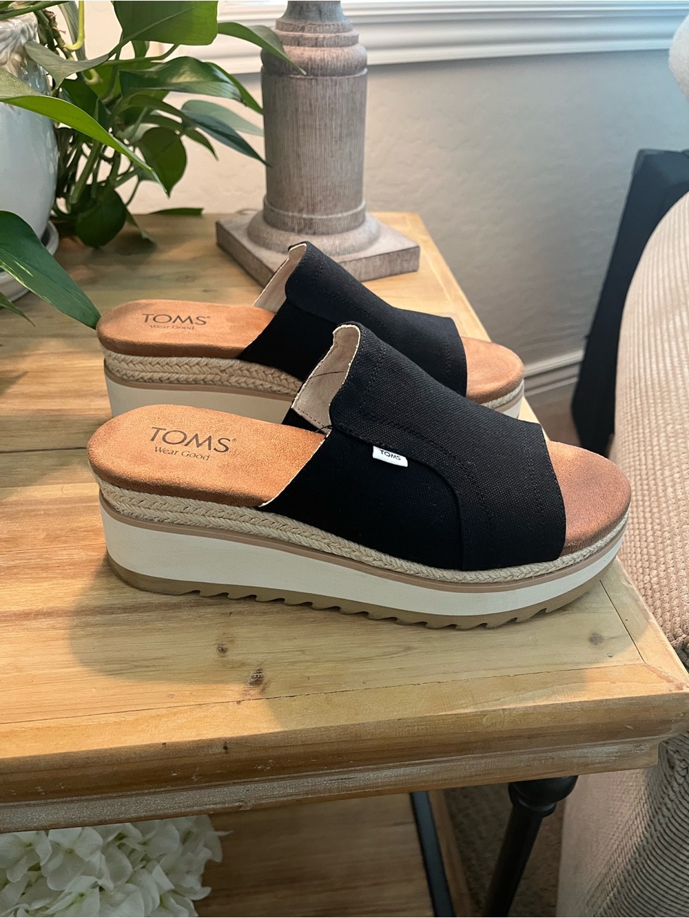 TOMS Black Canvas Wedge Slide Sandals - Picture 3 of 7